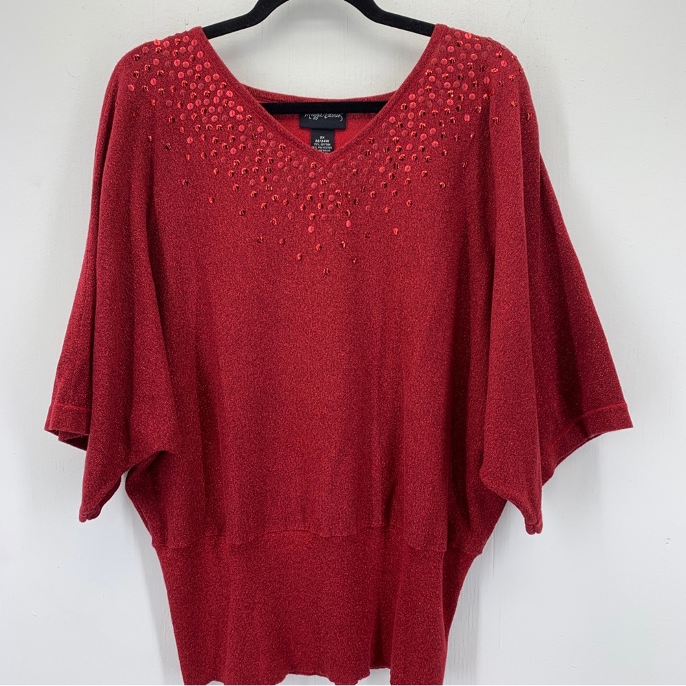 Maggie Barnes womens 2X pullover dolman fitted waist red metallic sequins